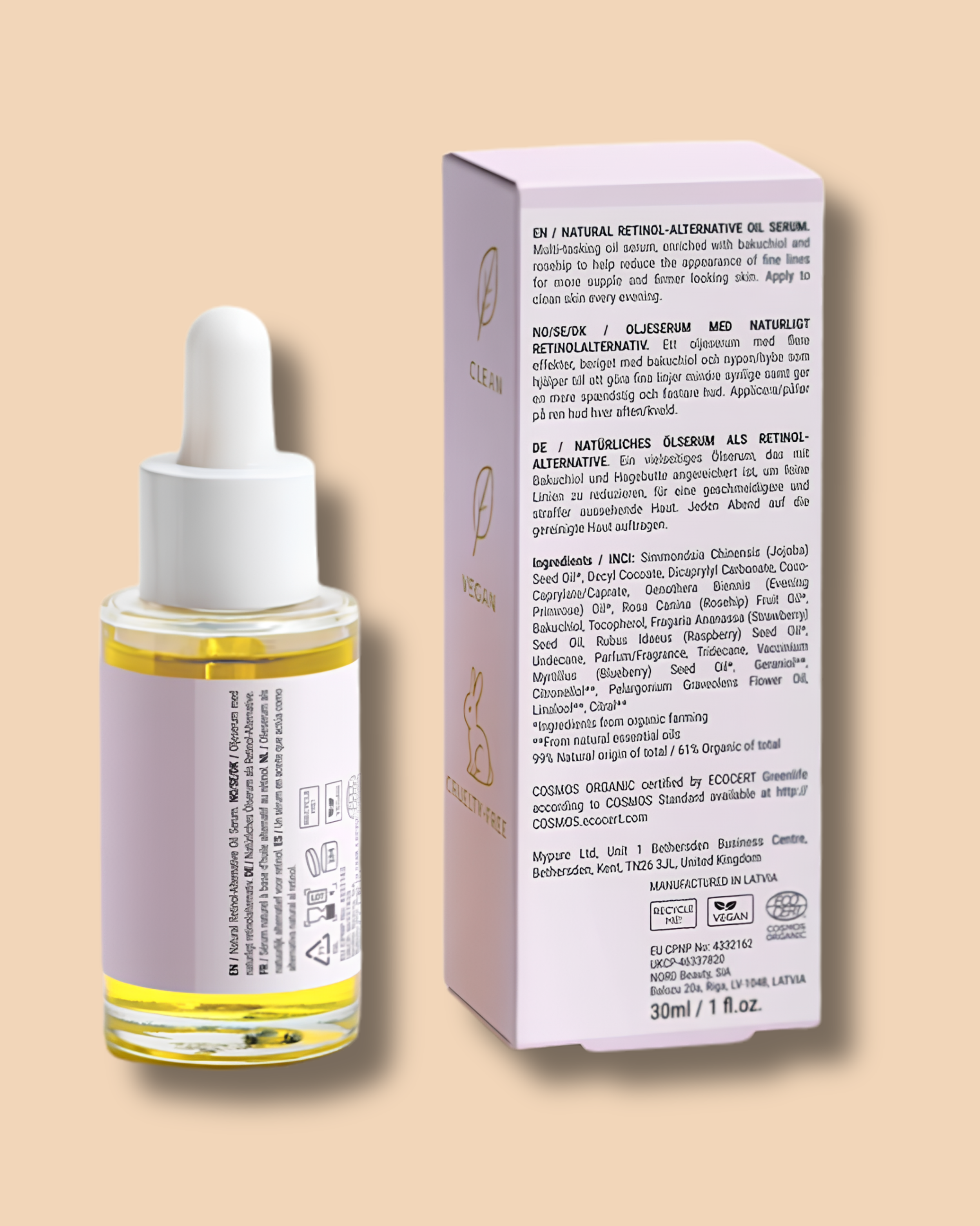 A white bottle with a dropper cap and a white and pink box with black text, both placed against a beige background. The box features icons indicating the product is gluten-free, vegan, and eco-friendly, with additional text describing the product in multiple languages.