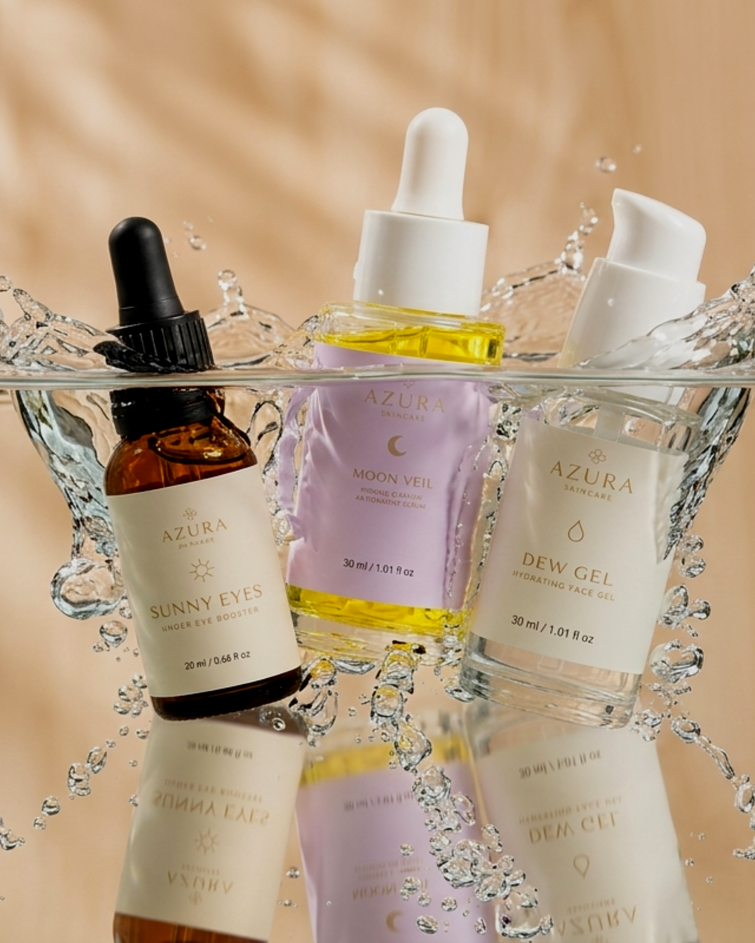 A glass bowl filled with water, featuring various skincare products including serum bottles and tubes, and a small bottle with a black dropper cap, all branded with 'AZURA' and positioned against a neutral background.