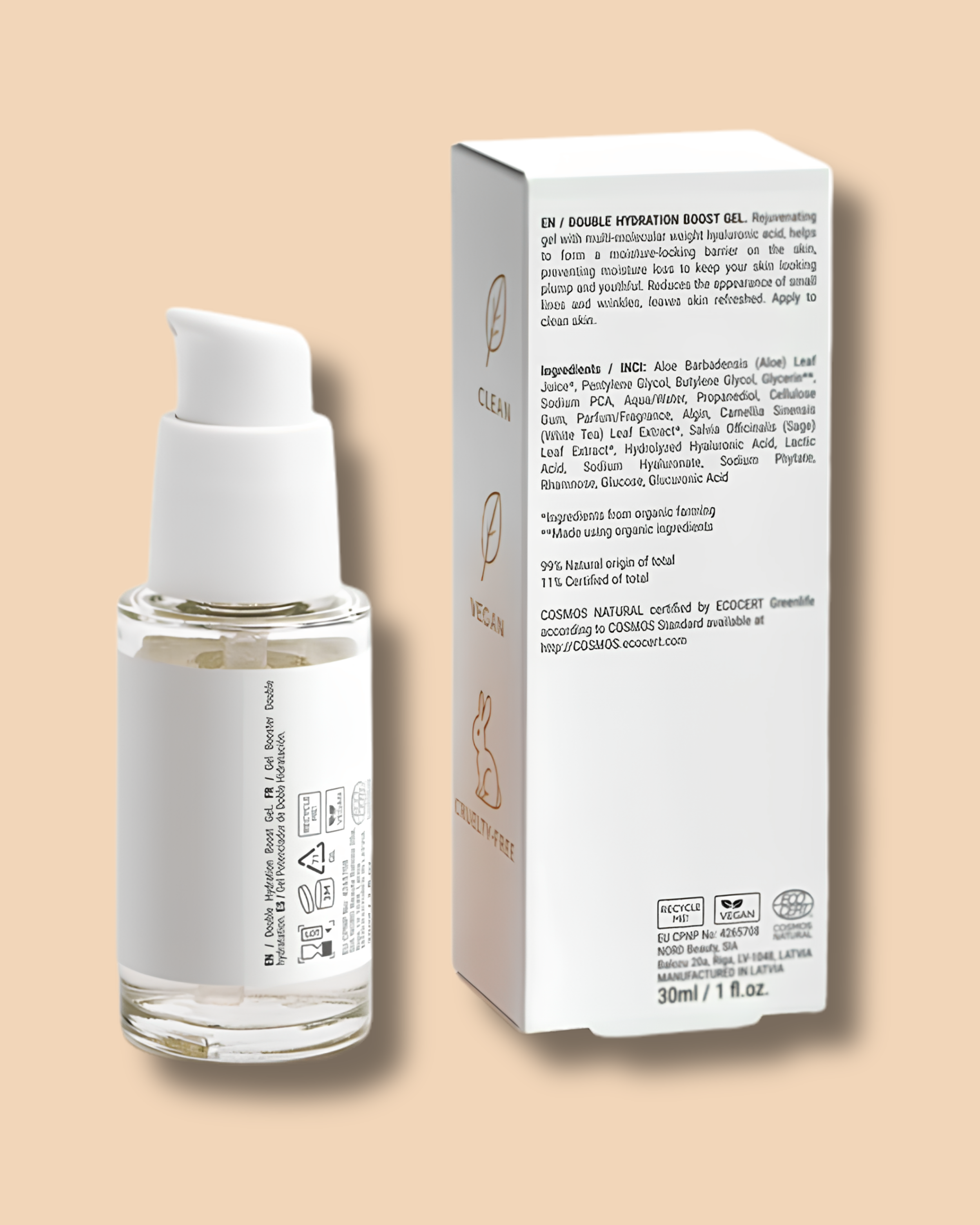 The image shows a white bottle with a pump dispenser and a white box with text and symbols on a beige background.