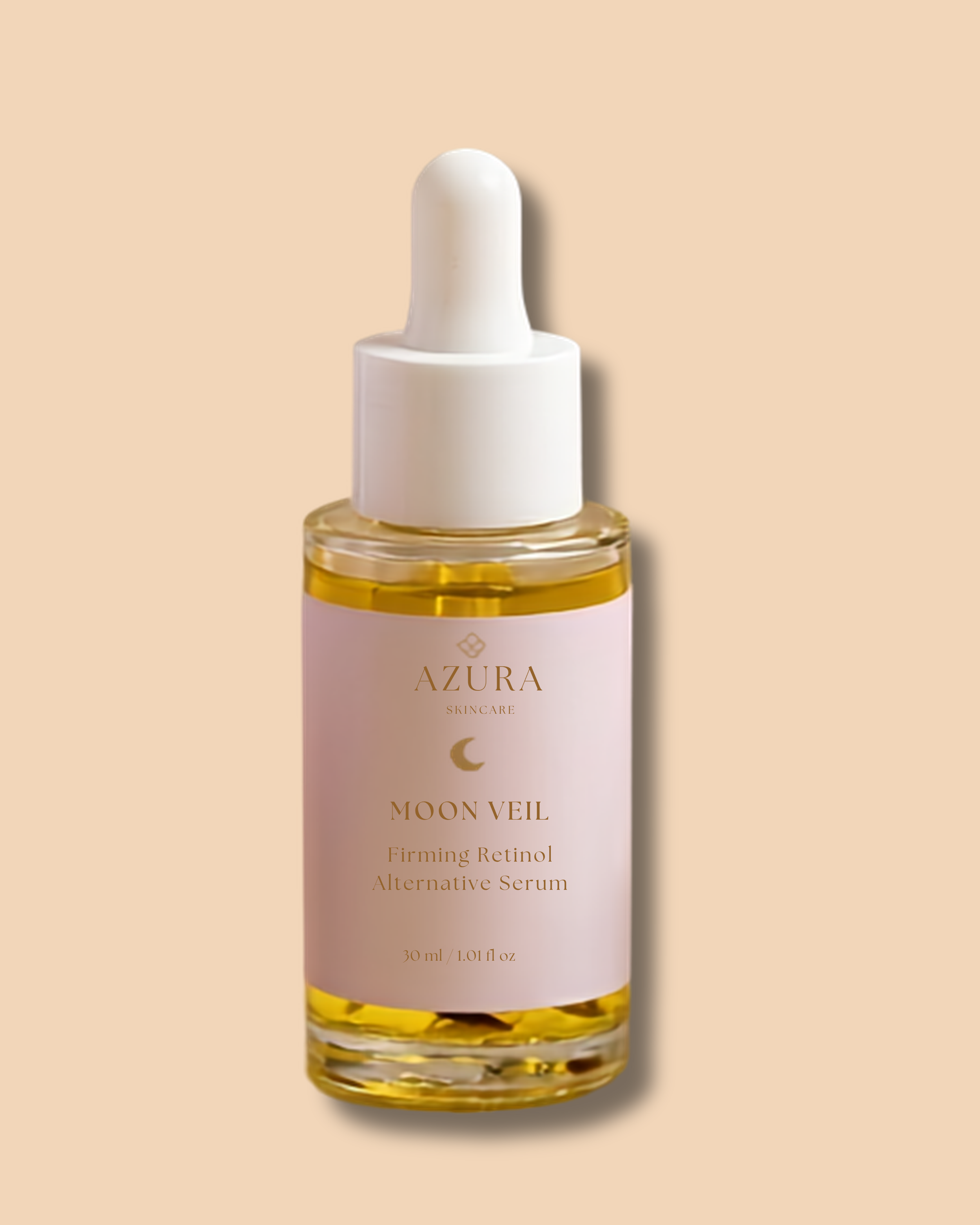 A skincare product bottle labeled 'Azure Moon Veil, Firming Retinol, Alternative Serum' with a white cap and a peach-pink background.
