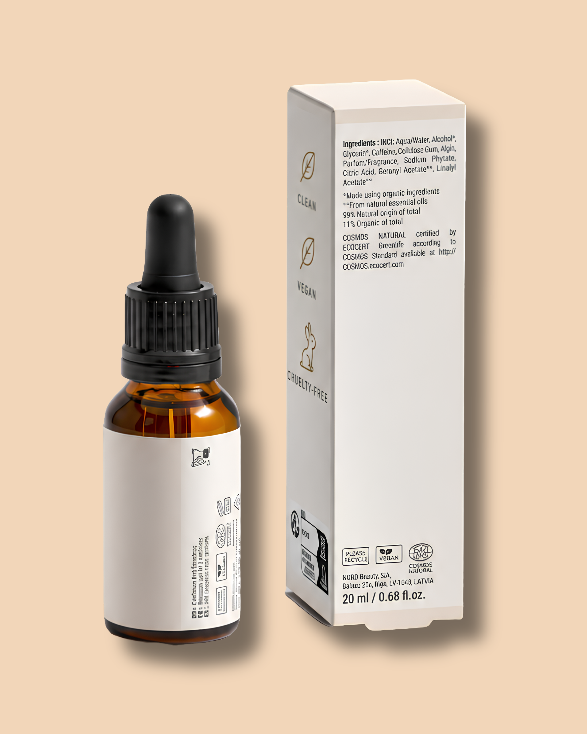A small brown glass bottle with a black dropper cap next to a white rectangular box with black text, icons, and symbols on a beige background.