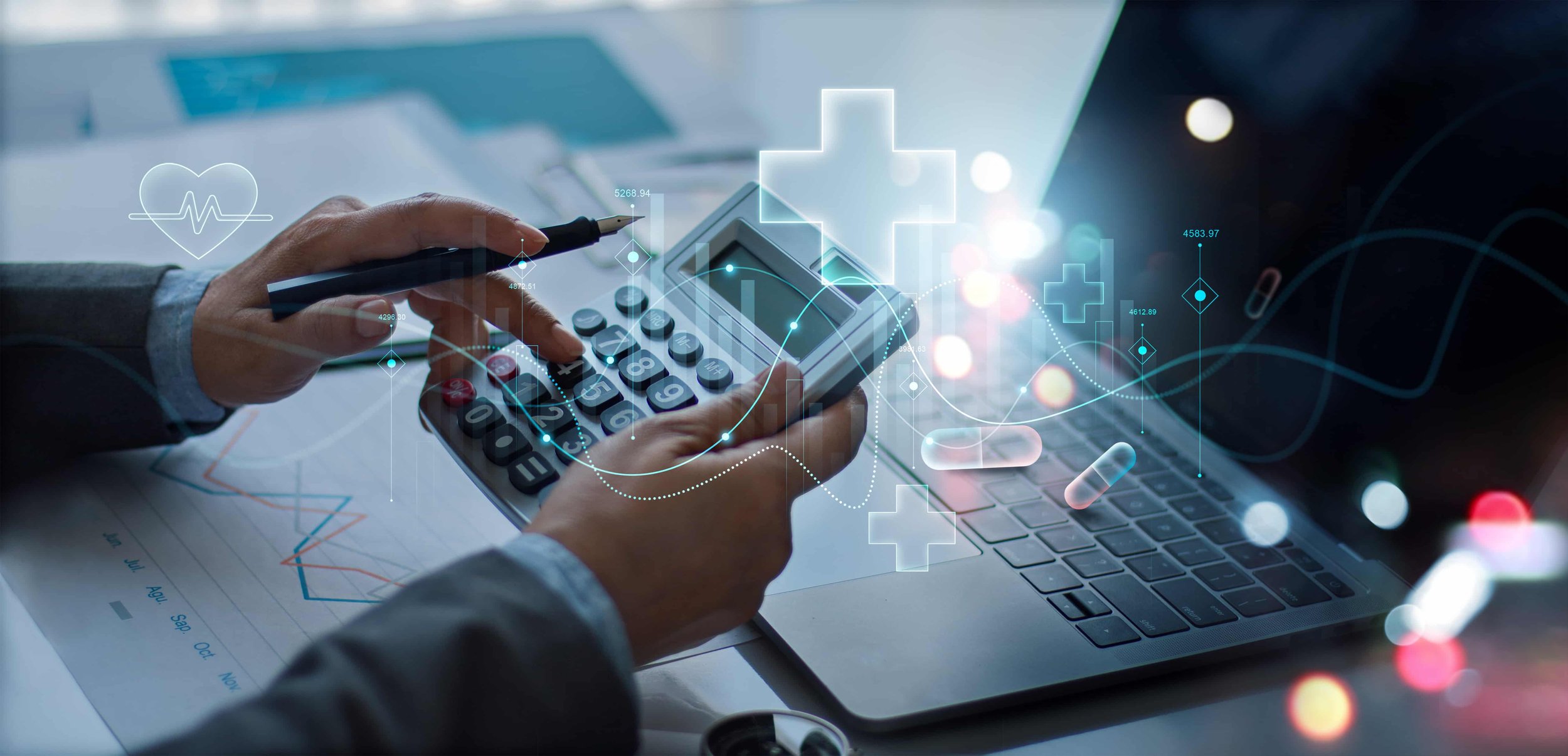 Person using a calculator and computer with digital healthcare and financial graphics overlaid.
