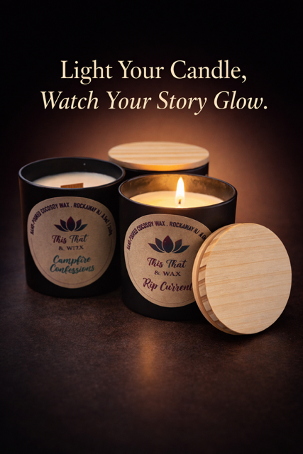 Three black candles in containers with wooden lids, one lit, with text promoting candles that light and glow when burned.