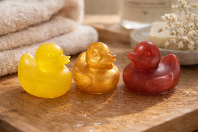 Three colorful duck-shaped soap bars in yellow, gold, and red on a wooden tray with spa towels