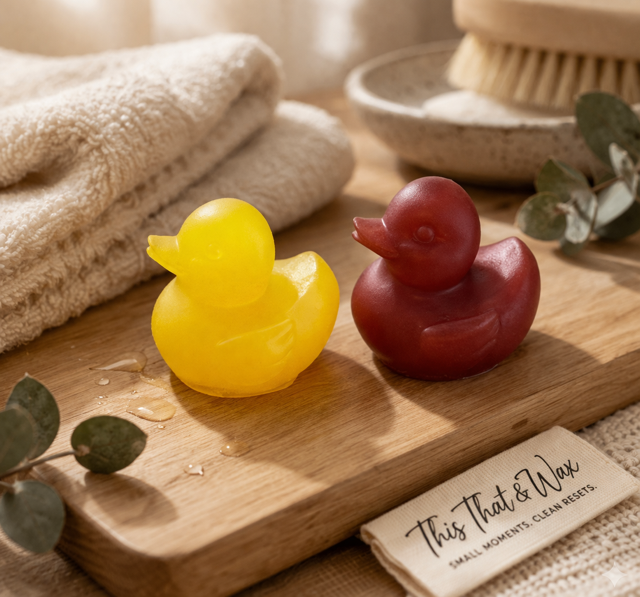 Yellow and red duck-shaped soap bars on a wooden board with a This That & Wax fabric tag