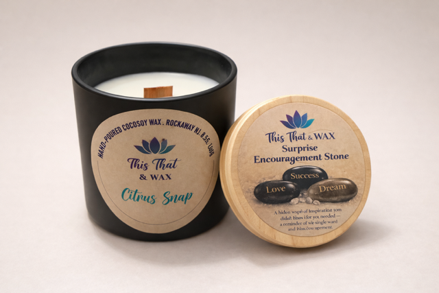 Encouragement Stone Candle-black glass jar with wooden lid and inside cover label visible