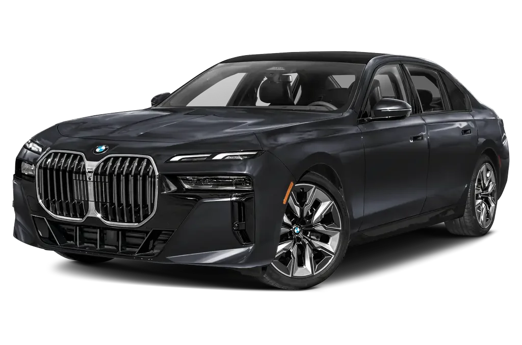 Black BMW luxury sedan with distinctive grille and modern design.