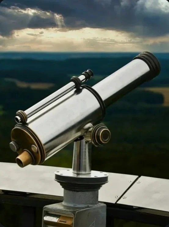 A telescope on a mount overlooking a landscape with a cloudy sky.