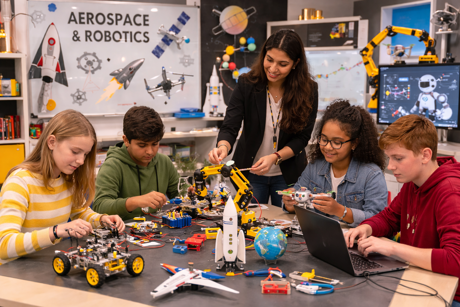 Students and teacher working on space-themed robotics projects around a table in a classroom with space and robotics posters and models.