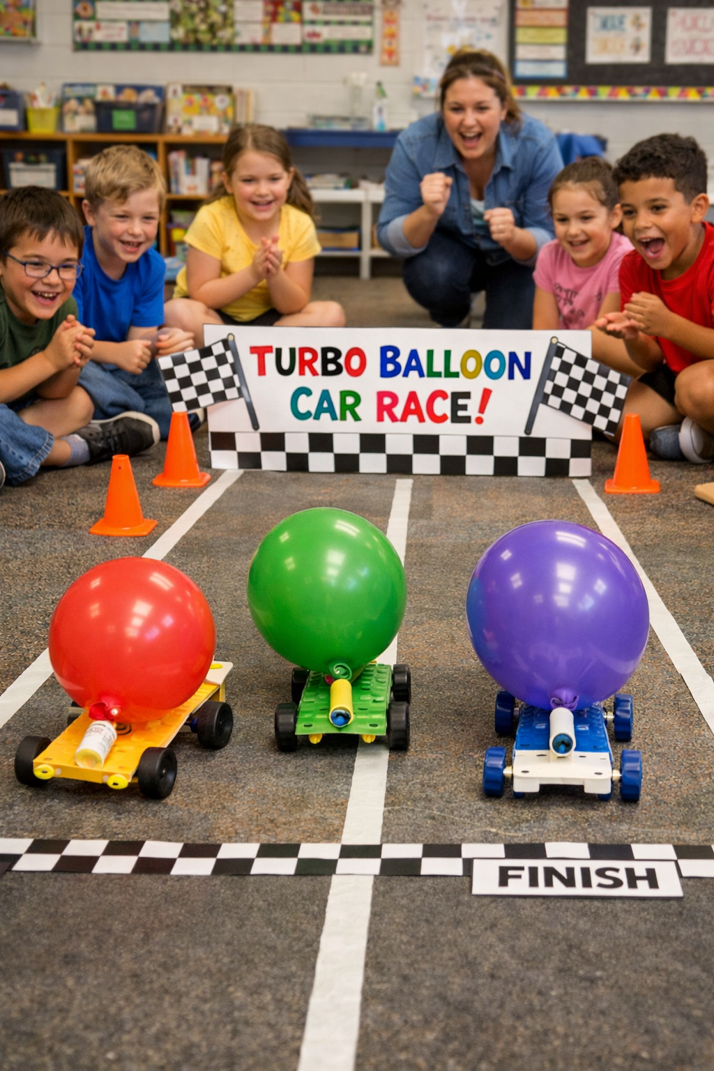 Children and teacher joyfully participating in a balloon car race in a classroom, with three foam cars carrying balloons and a finish line marked on the carpet.