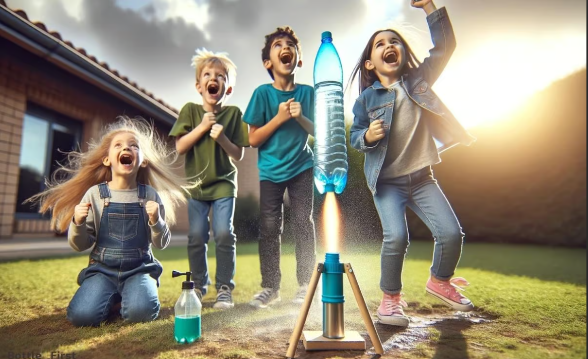 Four children excitedly watch a homemade rocket launching with flames and smoke outdoors during sunset, with a house in the background.