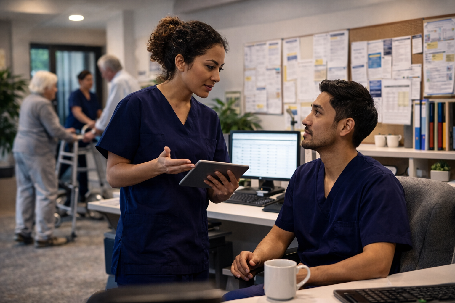 Aged care team using Find a Carer to manage staffing and coverage, engaged in a conversation in a busy aged care home office. The woman is standing and holding a tablet, while the man is seated with a mug in front of him, both wearing navy scrubs.