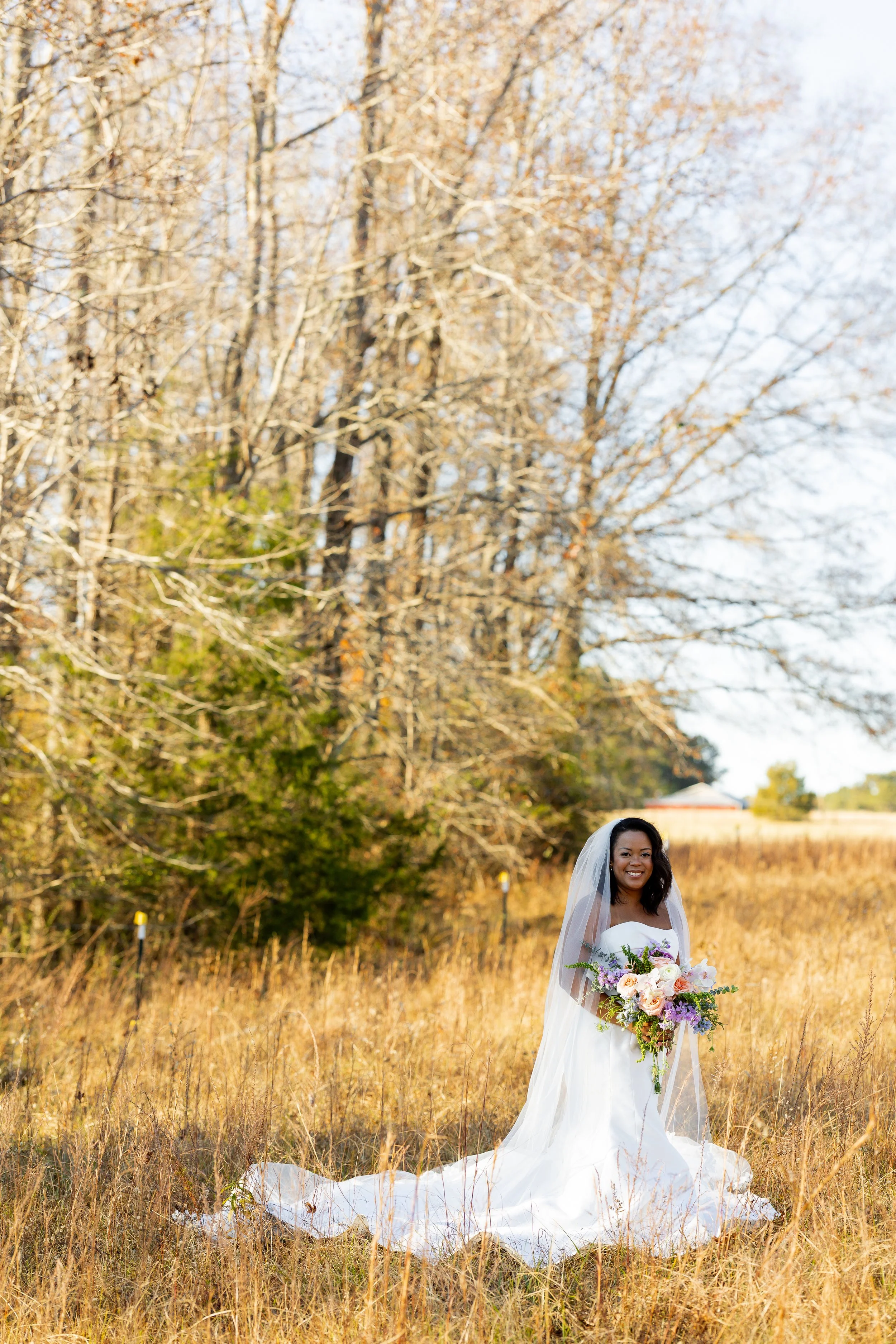 A bride standing in a field with tall golden grass, holding a bouquet of flowers, wearing a white wedding dress and veil, with a background of leafless trees and a partly cloudy sky.