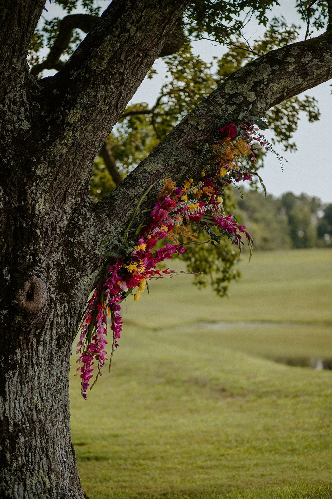 Tree with a trunk and branch, decorated with colorful flowers including pink, purple, yellow, and orange, hanging along the branch.