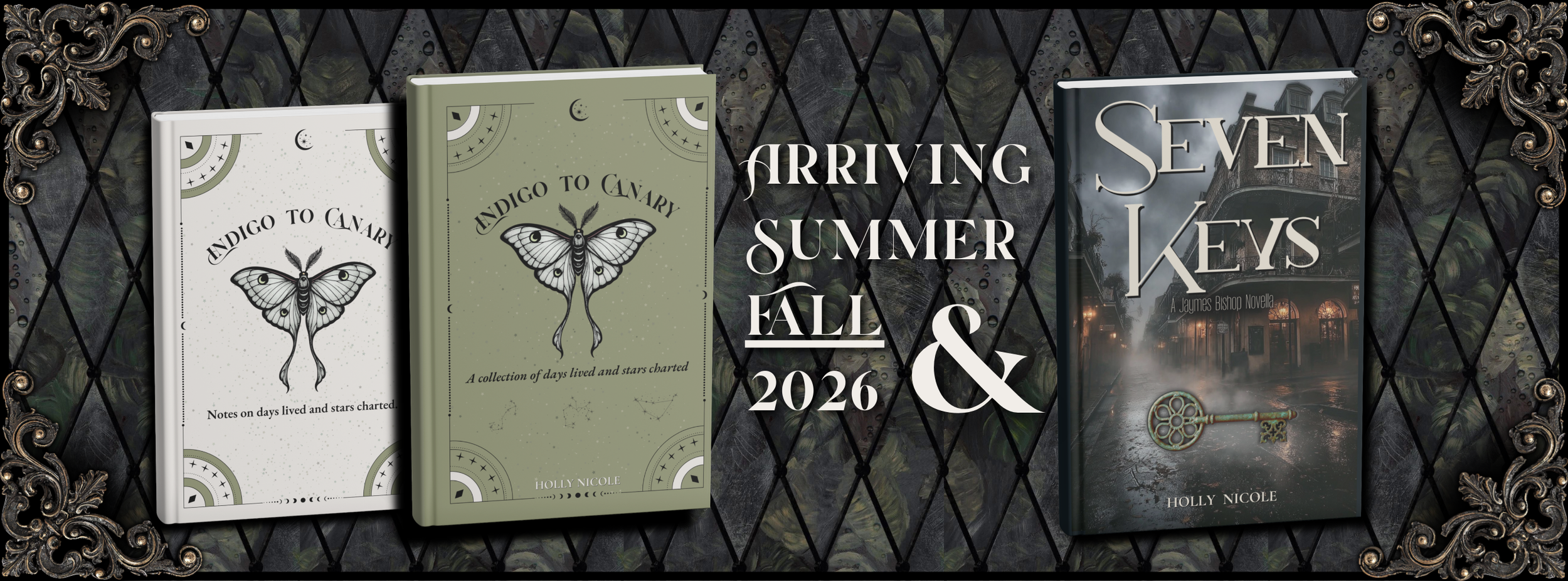 Display of three books with title and author Holly Nicole, titled "Indigo to Canary" with a butterfly illustration, "Indigo to Canary" with a butterfly illustration, and "Seven Keys" with a dark city scene and a key, on a decorative black and gold patterned background.