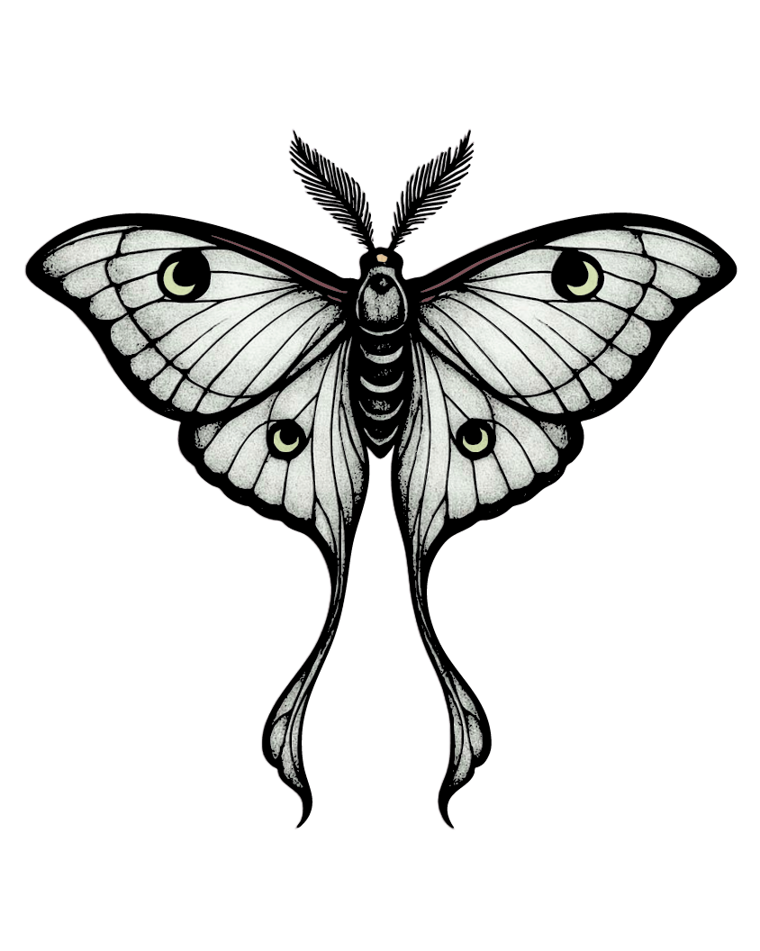 A detailed black and white illustration of a butterfly with a moth-like appearance, featuring large wings and eye spots, on a black background.