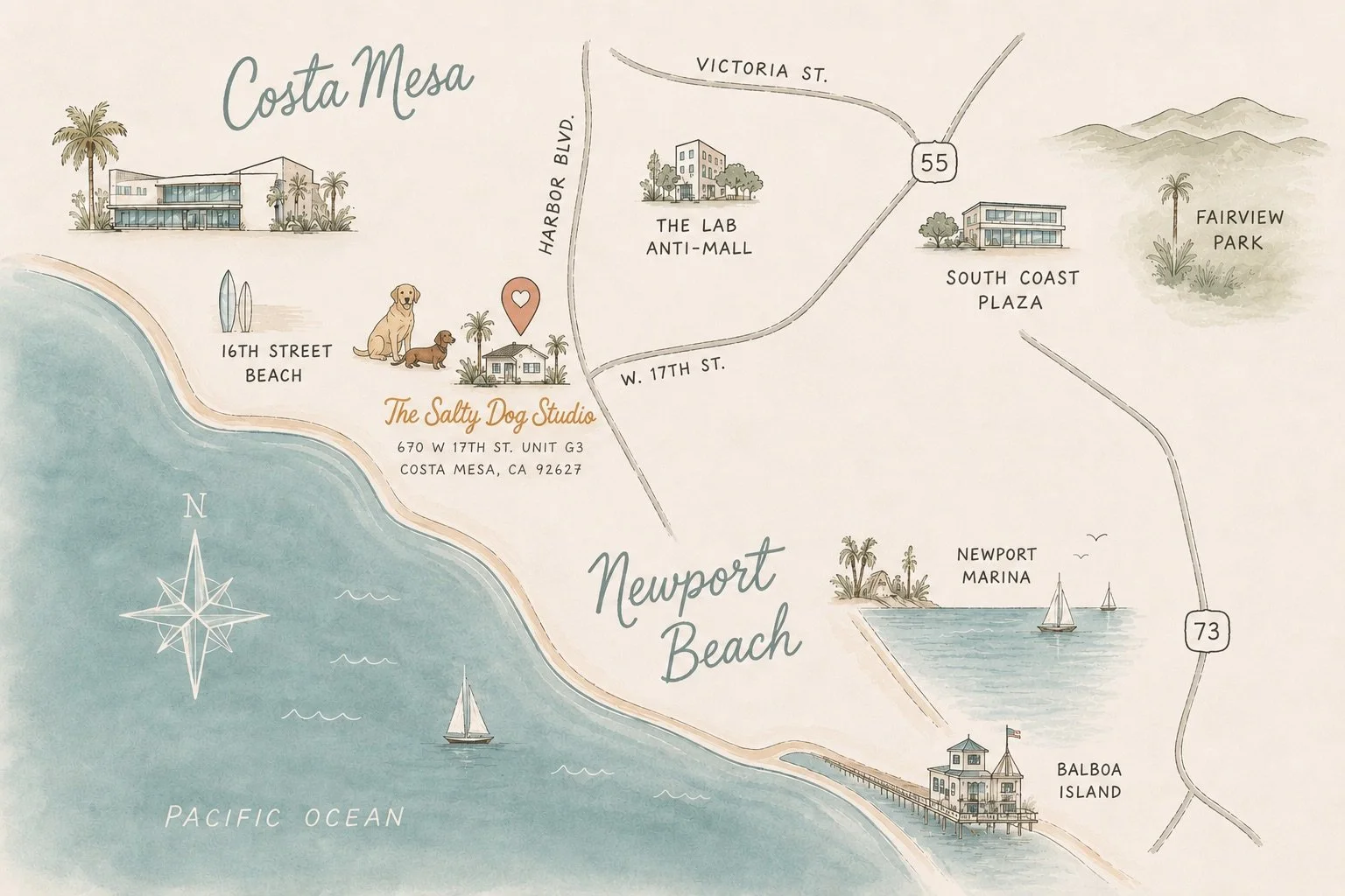 Map of Costa Mesa and Newport Beach, California, showing landmarks such as 16th Street Beach, Newport Marina, Balboa Island, South Coast Plaza, Fairview Park, The Salty Dog Studio, The Lab Anti-Mall, and streets including Harbor Blvd., Victoria St., W. 177th St., and roads 55 and 73.