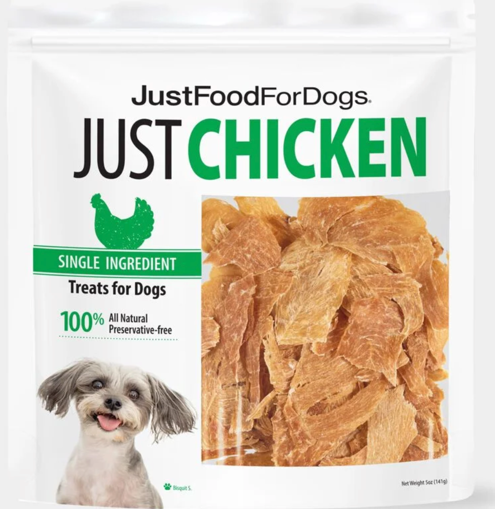 Packaging of JustFoodForDogs chicken flavored dog treats with dried chicken pieces and a smiling dog on the label.