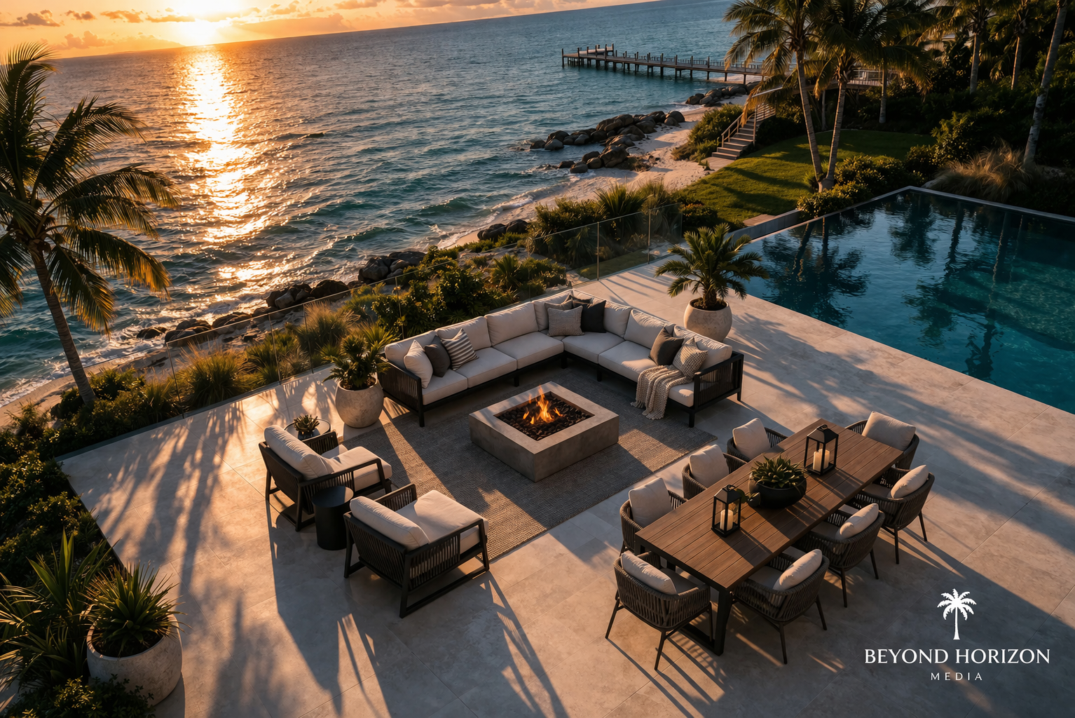 Aerial photography of lifestyle lounging area at a luxury property.