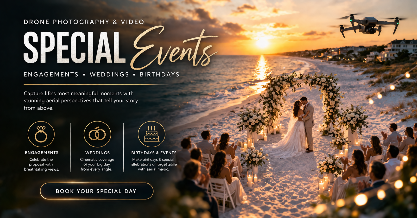 Drone videography and photography capturing a wedding on the beach.