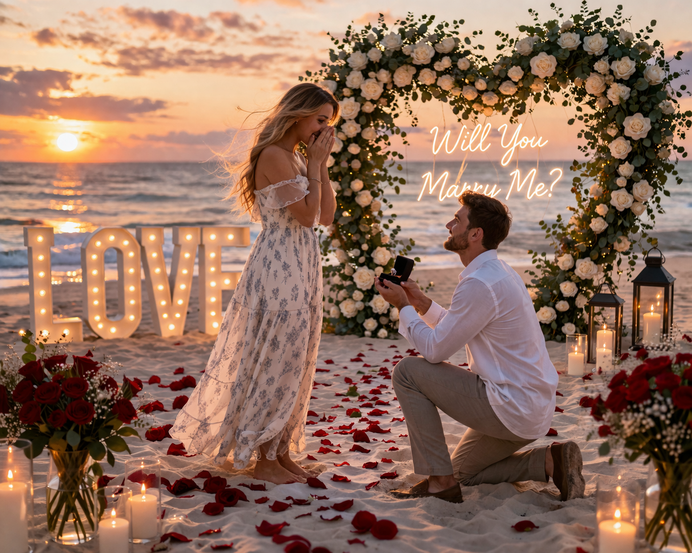 Marriage proposal on the beach caught with photography and drone.