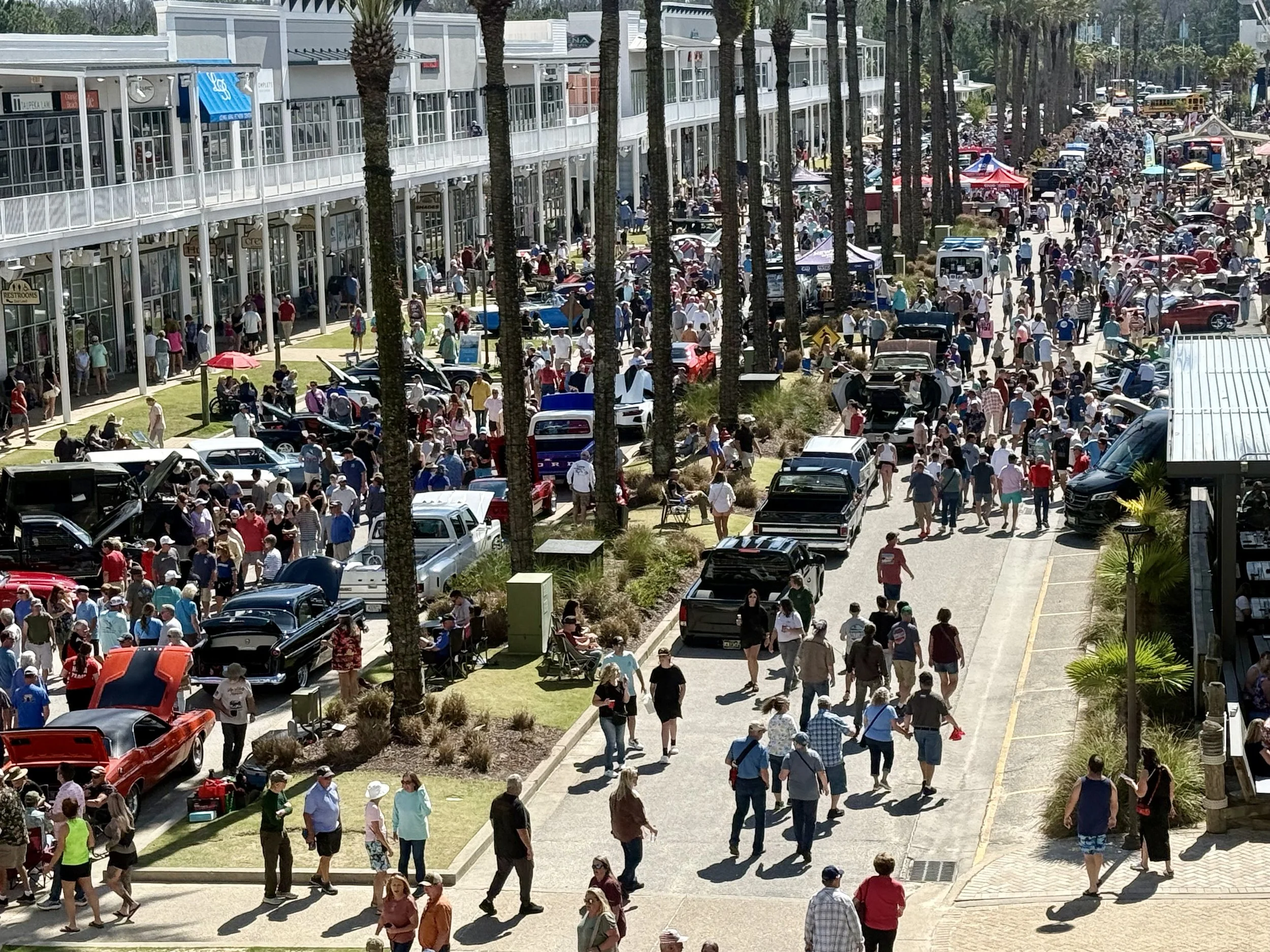A crowd of people walking and gathering along a busy street with parked cars, in front of a building with multiple shops and glass windows, with palm trees lining the sidewalk.