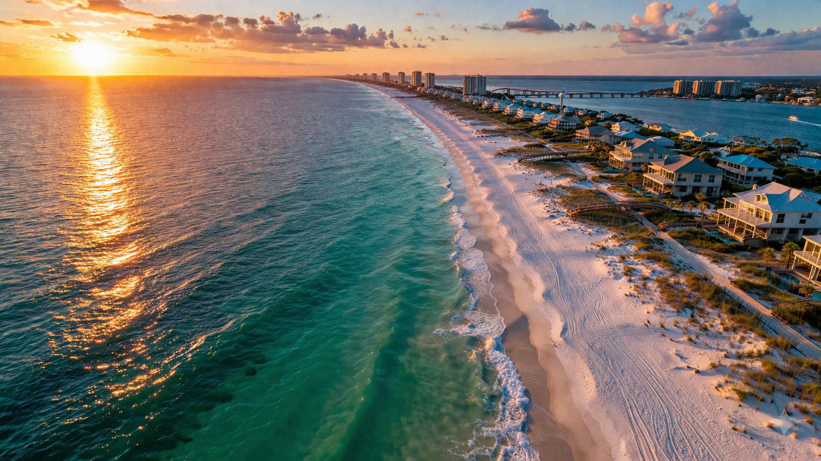 Drone aerial sunset view of Orange Beach Alabama coastline with homes and turquoise water.