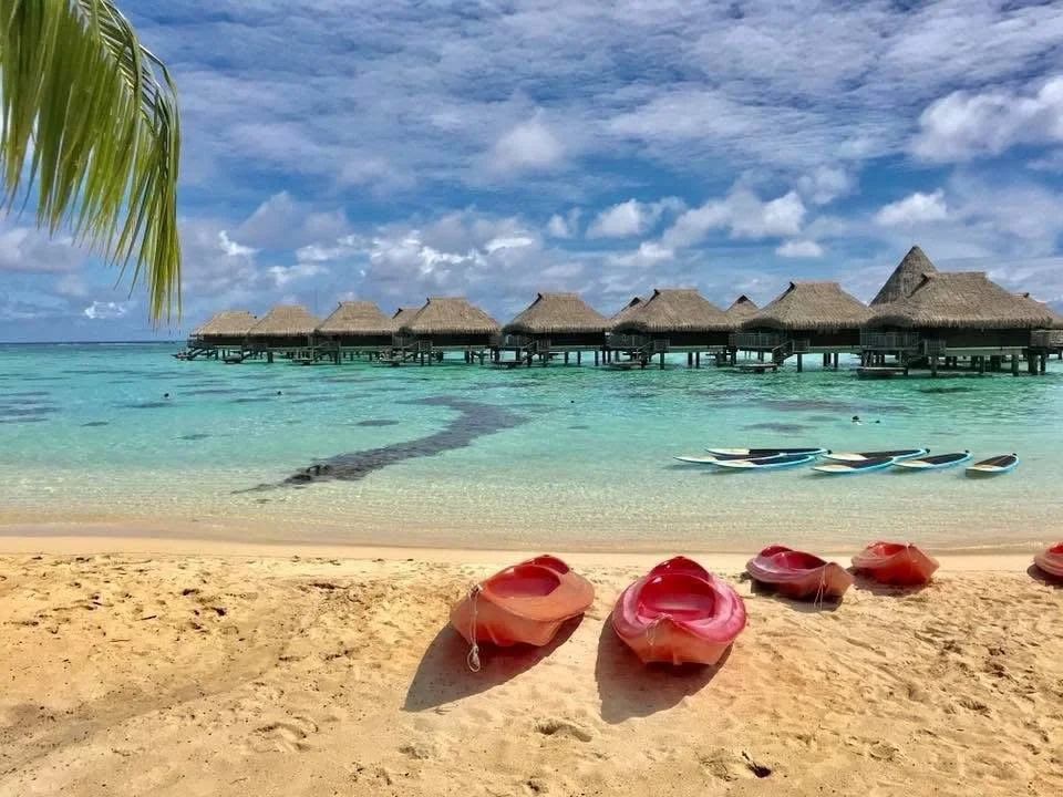 Overwater bungalows at a tropical beach with kayaks on the sand and a palm tree branch in the foreground.