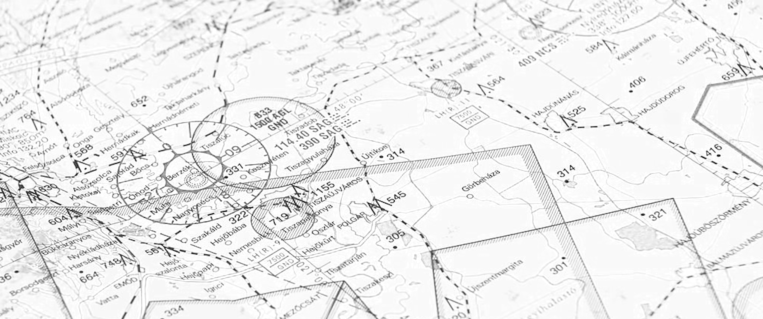 A detailed black and white flight navigation chart. used for flight planning
