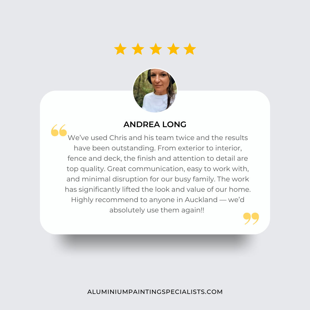A 5 star review from Andrea Long in Beach Haven saying We've used Chris twice and the results have been  outstanding. From exterior to interior, fence and deck, the finish and attention to detail are top quality. Great Communication, easy to work.