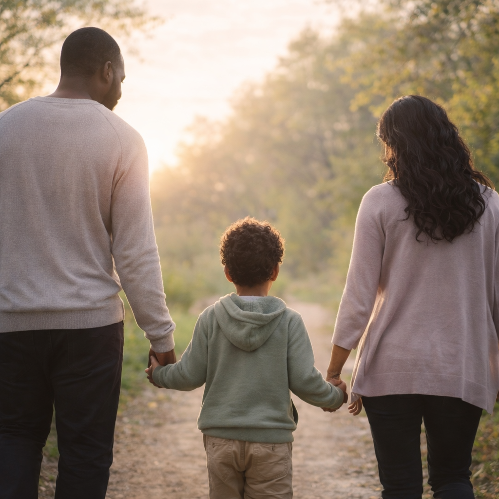 A family of three, a man, woman, and young boy, walking outdoors on a dirt path holding hands during sunset.