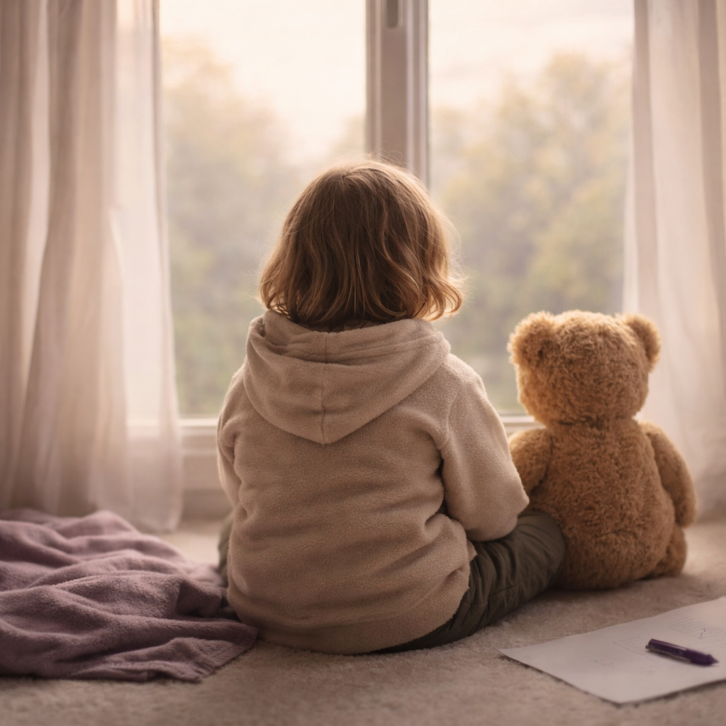 Child sitting on a bed with a teddy bear, looking out the window on an overcast day.
