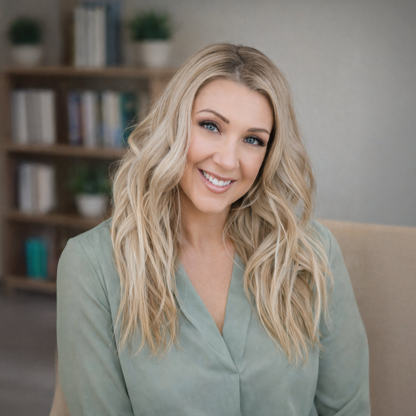 A smiling woman with long, wavy blonde hair and blue eyes sitting indoors, wearing a light green top, with a bookshelf and a plant in the background.