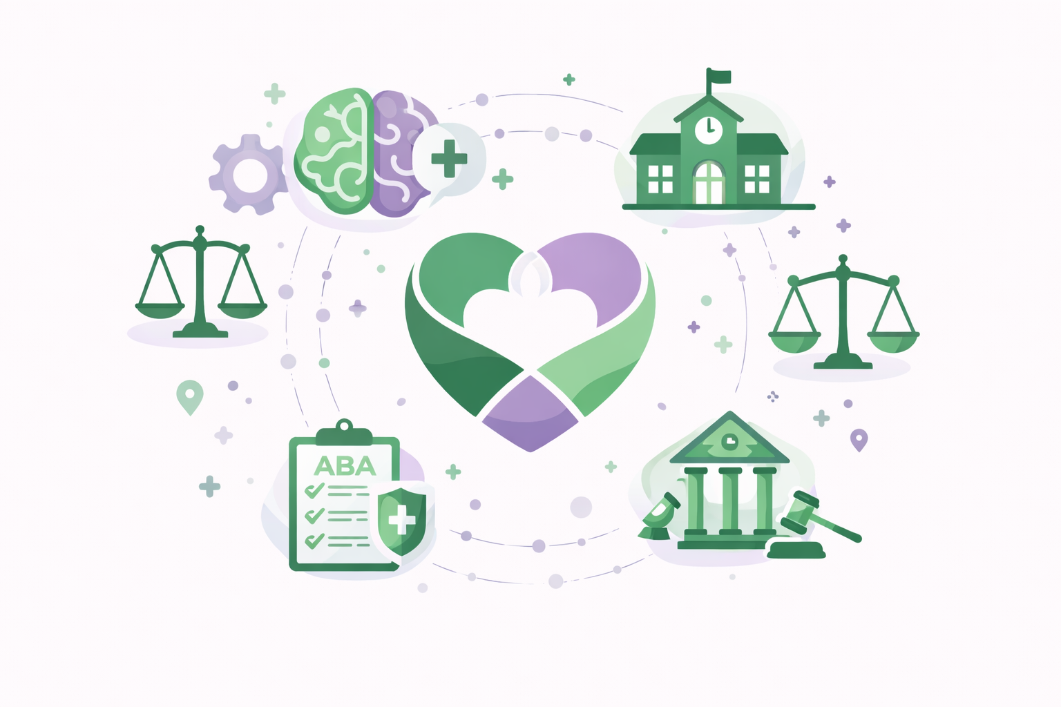 Illustration of healthcare, law, mental health, and community support represented by icons such as a brain with a plus sign, a school building, a scale of justice, a clipboard with ALA and health shield, a courthouse, and a heart with interconnected colors.