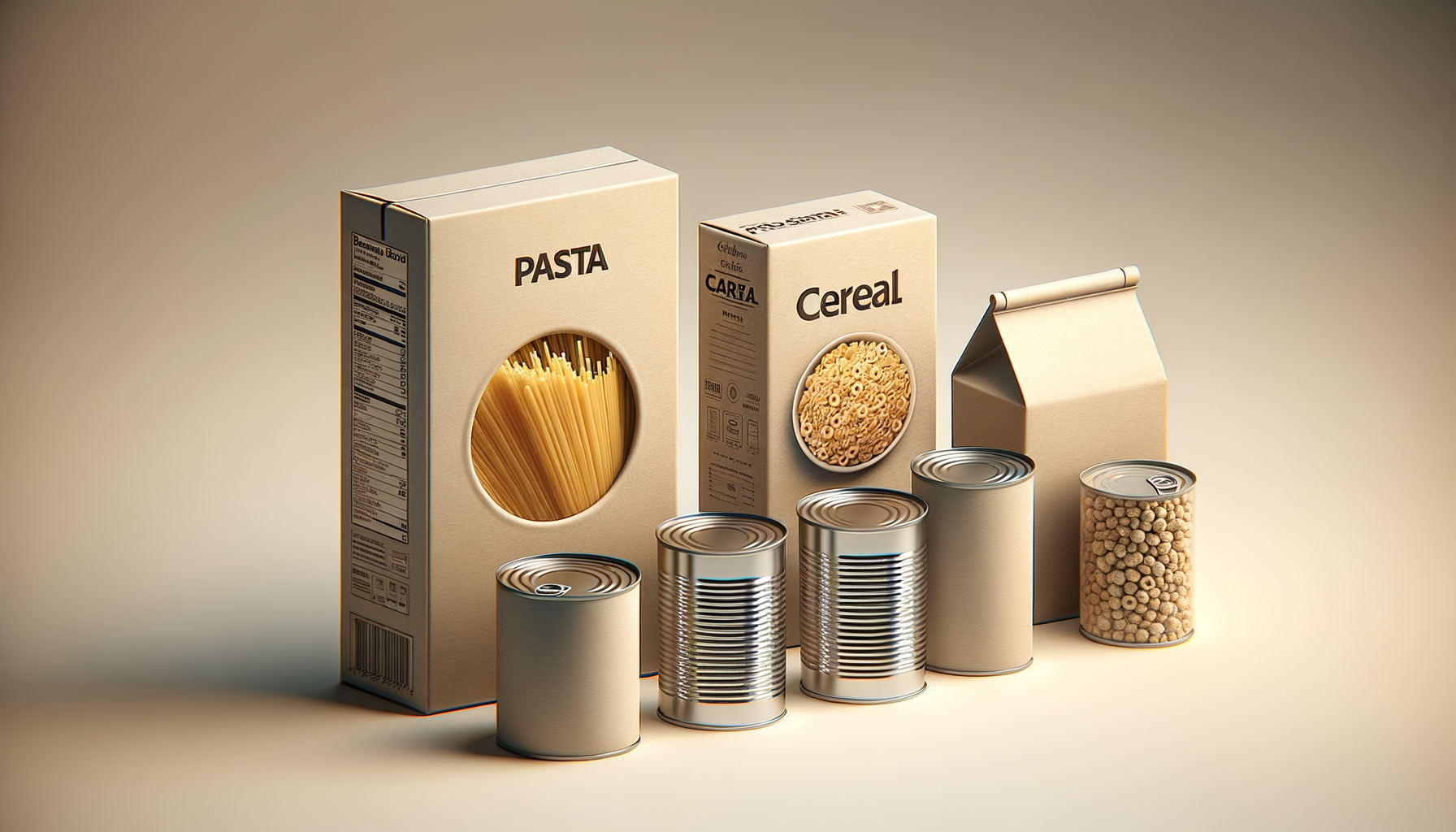 Various food packages on a beige background, including boxes of pasta and cereal, a paper milk carton, and cans of food.