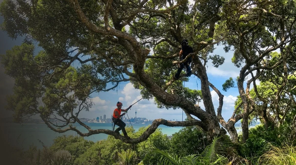Two people are climbing a large tree with lush green leaves. One person is sitting on a branch, using a rope, while the other is higher up in the tree, holding onto the branches. The background features a city skyline with tall buildings, a tower, a 