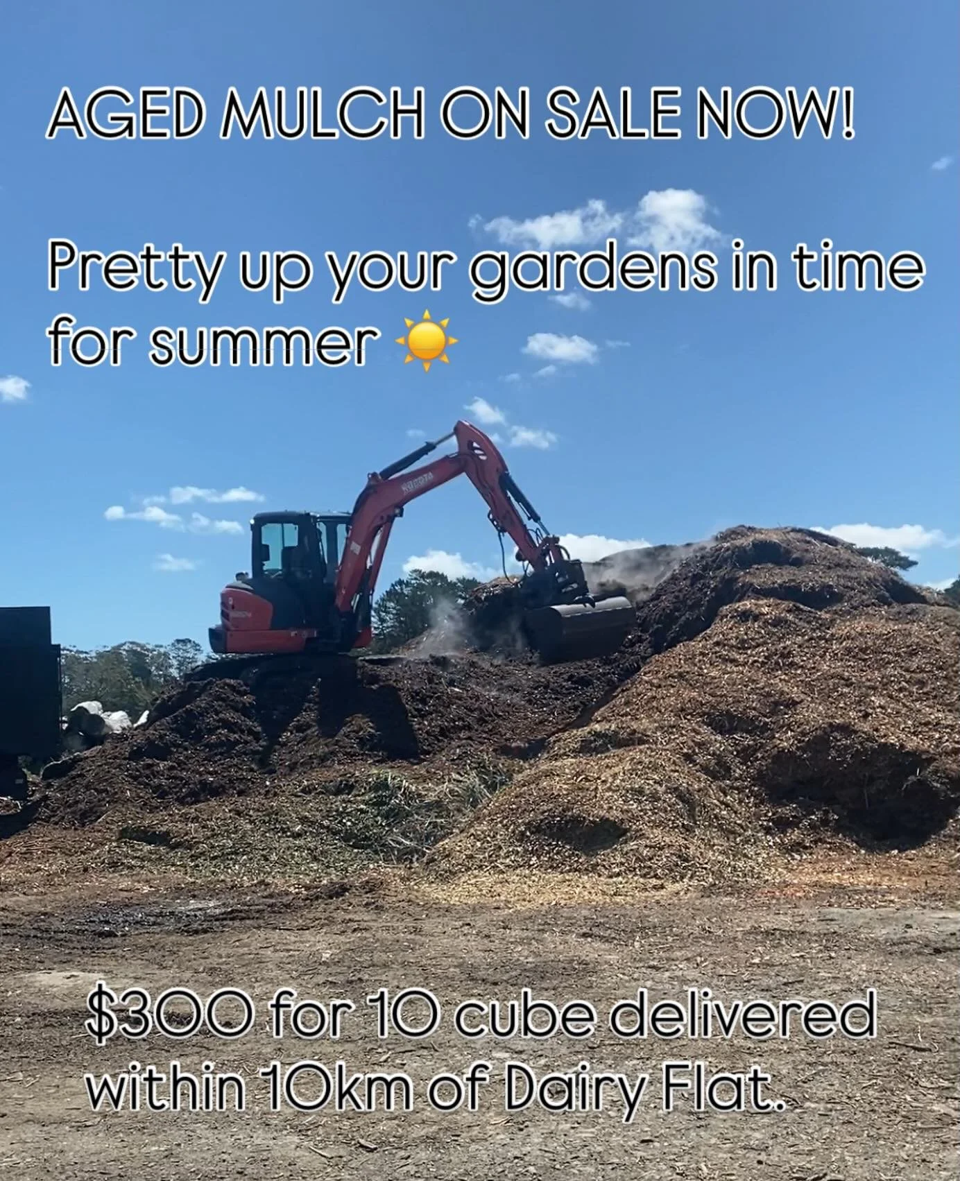 AGED MULCH ON SPECIAL NOW, ORDER YOURS BEFORE WE RUN OUT!

Call Jason on 0210780934 or flick us a message!