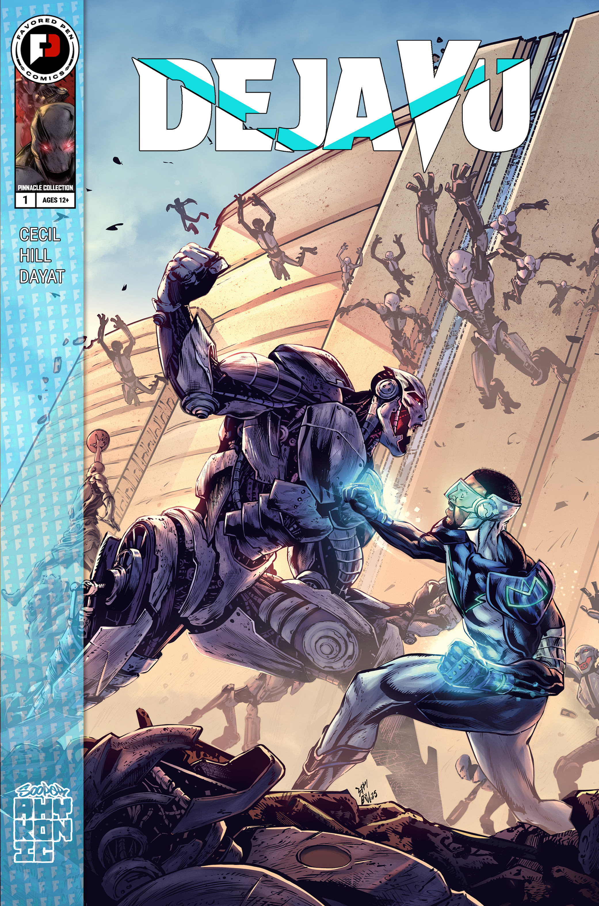 Futuristic battle scene with a robot and a woman fighting amidst falling debris and fallen robots on a cityscape background, featuring comic book style artwork.