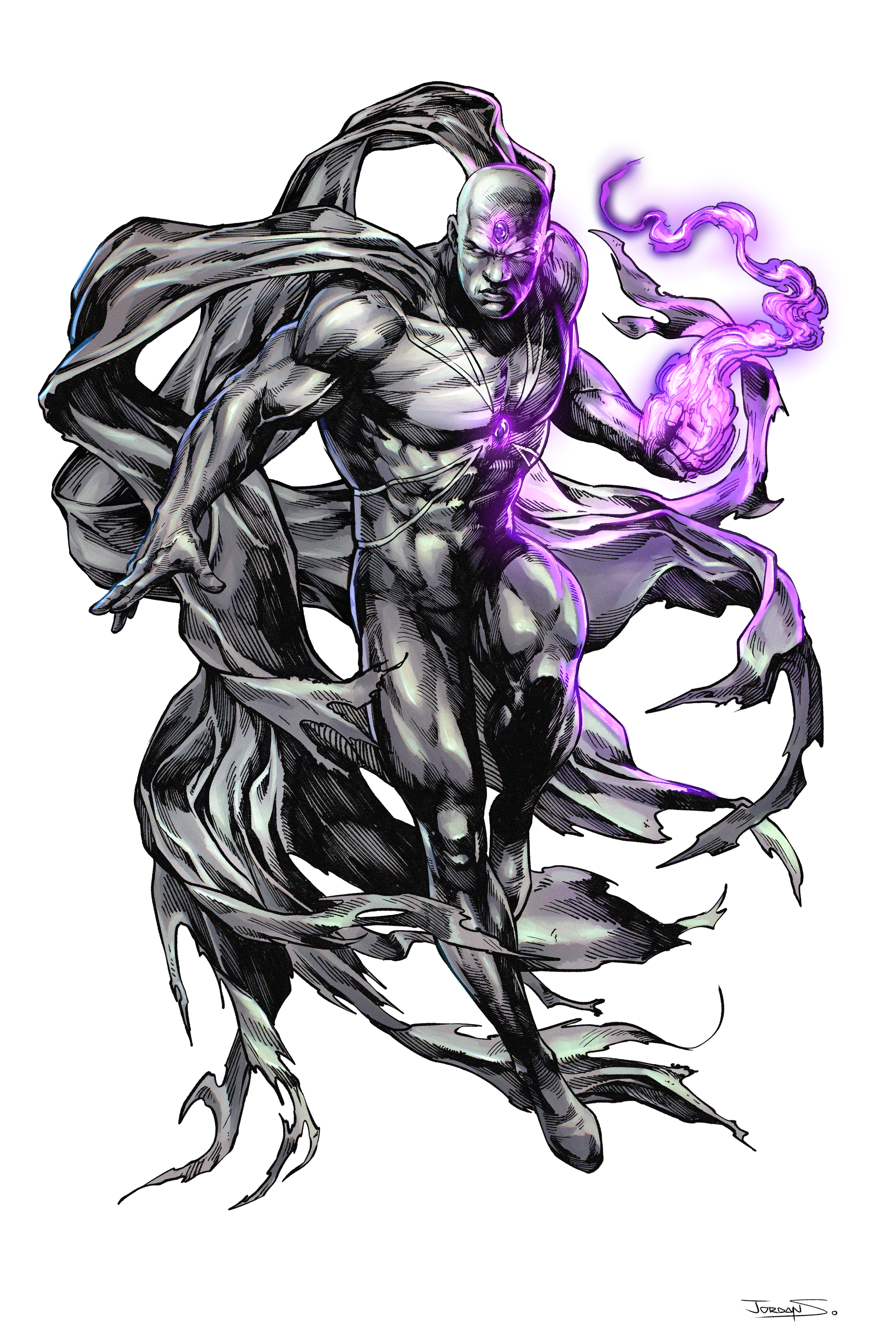Comic illustration of a powerful, muscular sorcerer with a shaved head and third eye on forehead, wielding purple energy in glow, surrounded by flowing black and purple swirling cloak and tendrils, with dark background and intense expression.
