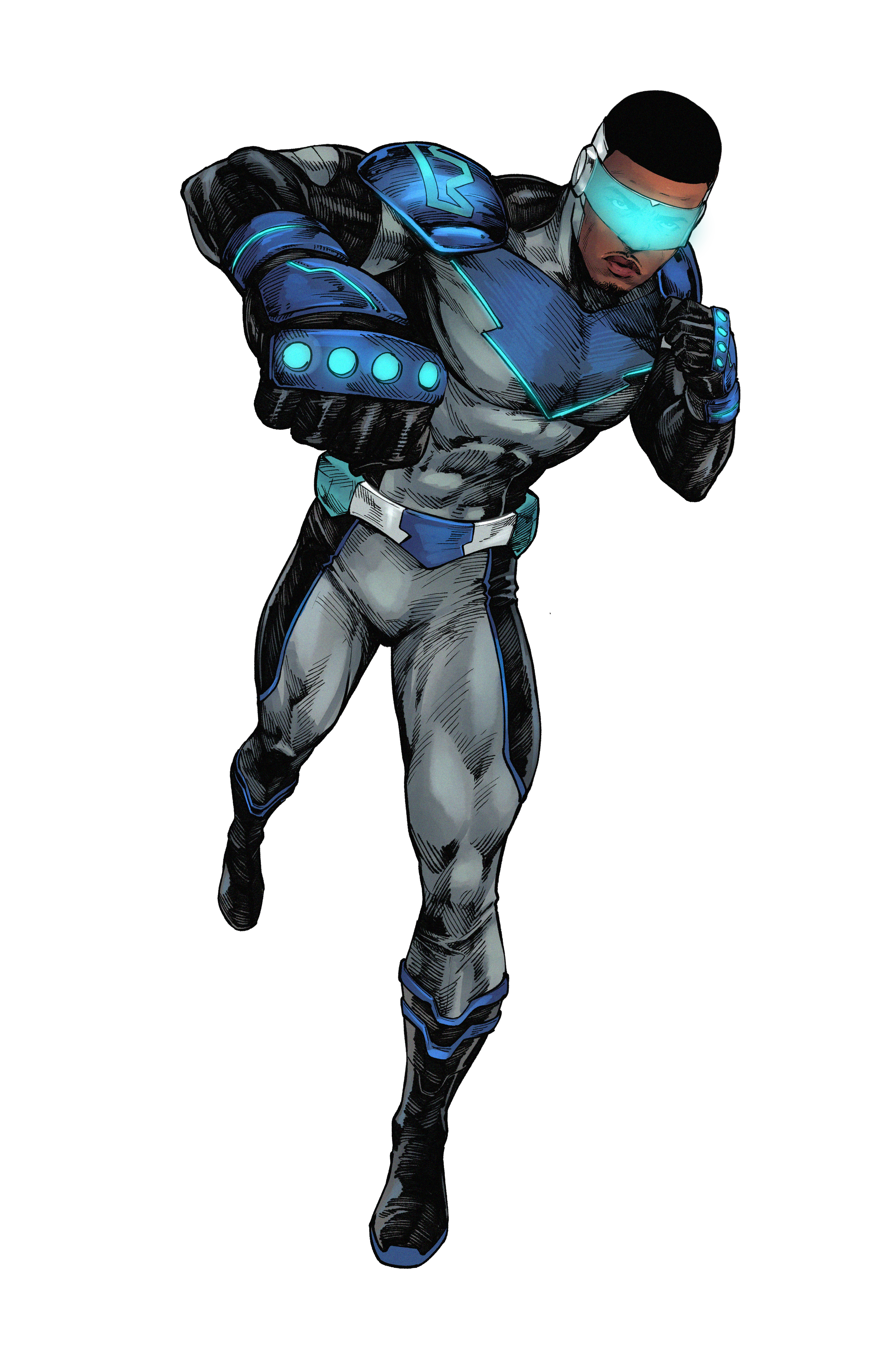 Digital drawing of a male superhero in a blue and black suit with glowing accents, running forward with a determined expression and wearing a visor.