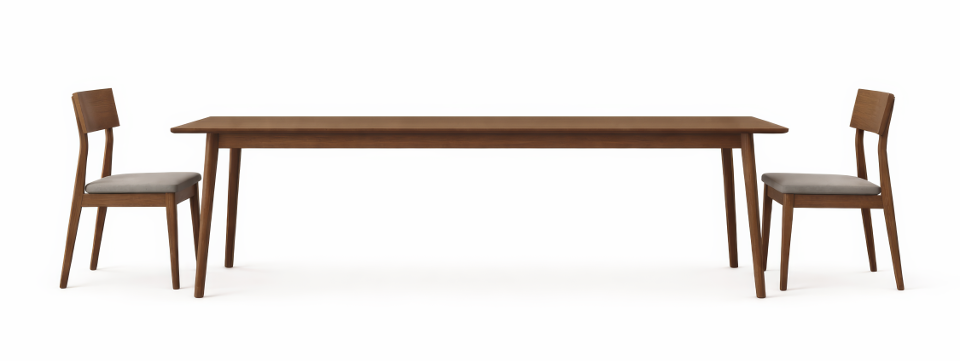 A wooden dining table with two chairs against a white background.