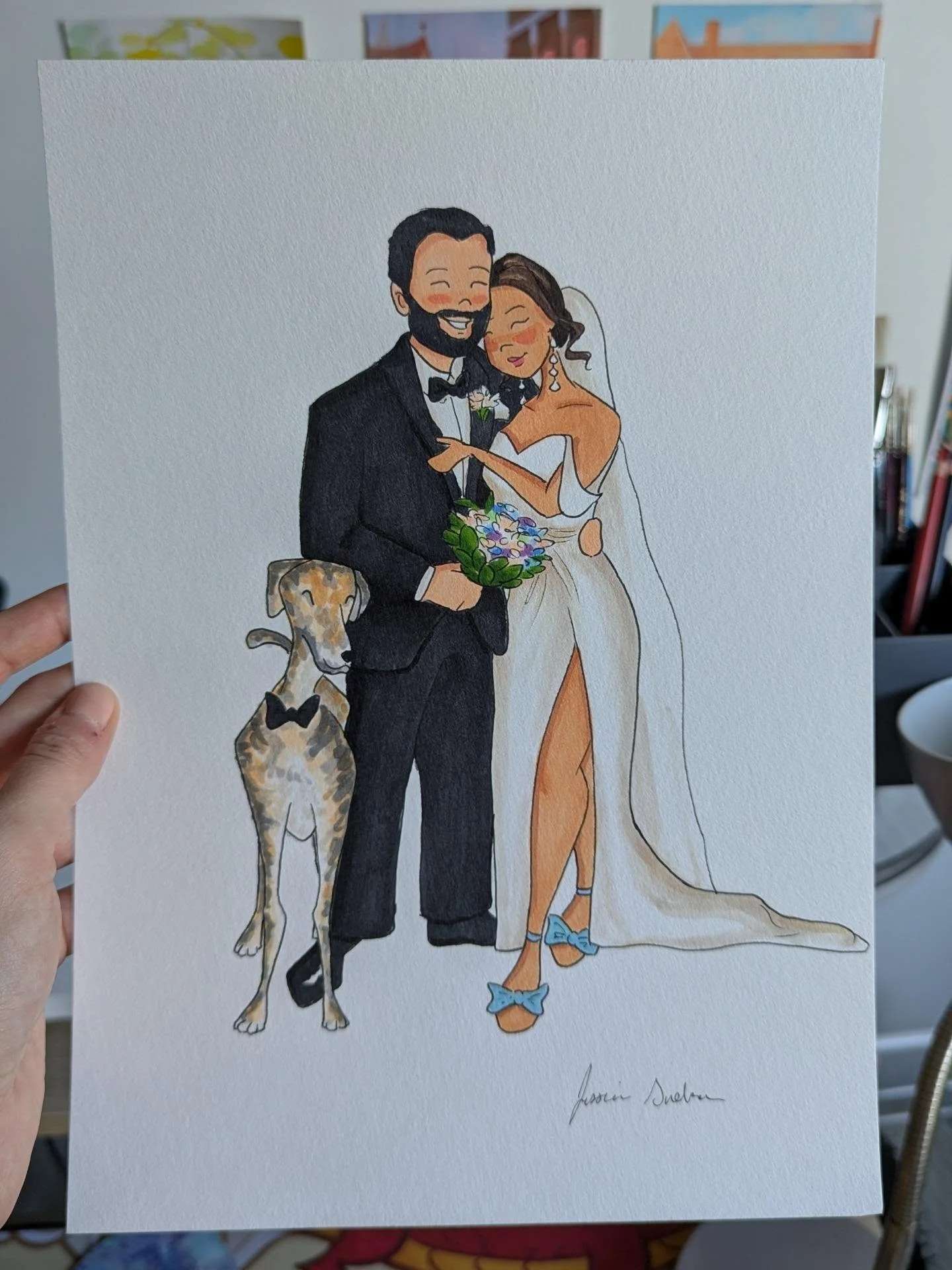 One thing I get asked as a live wedding illustrator is, "When do you draw the couple?" 👀

Truth is, your couple&rsquo;s portrait is actually completed ahead of time using dress fitting photos, engagement photos or other reference images, s