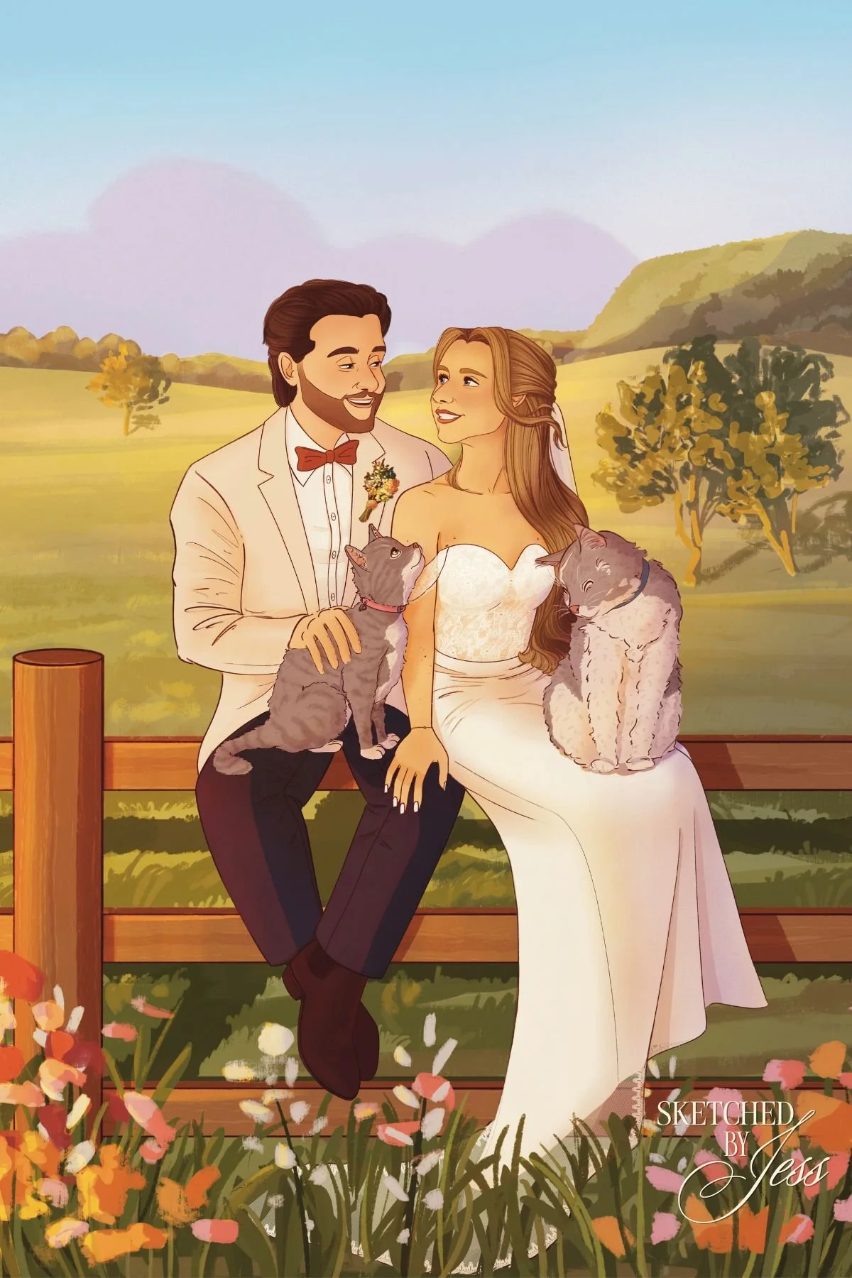 image depicts digital illustration of bride and groom on fence surrounded by flowers and their cats on their lap. outdoor setting