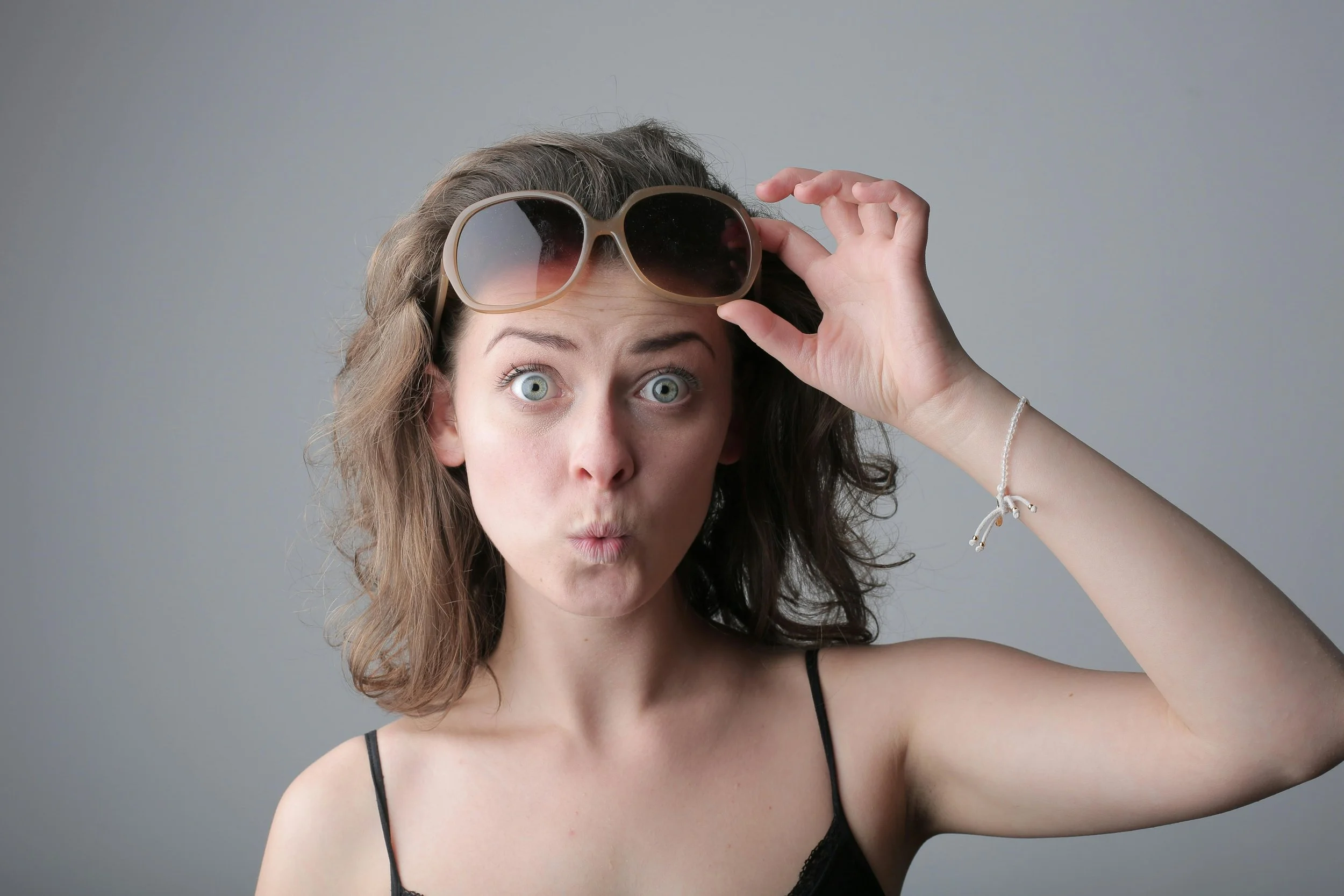 A woman with a surprised look on her face