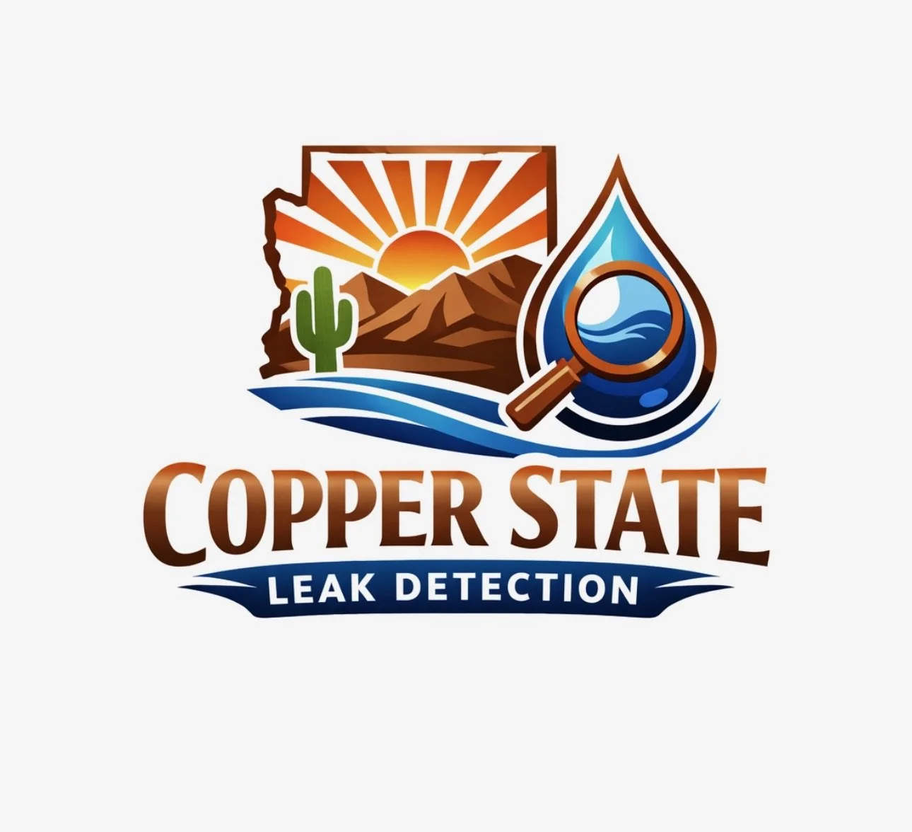 Logo for Copper State Leak Detection featuring a desert landscape with mountains, a sunset, a cactus, water, and a water droplet with a magnifying glass, with the text 'Copper State Leak Detection'.