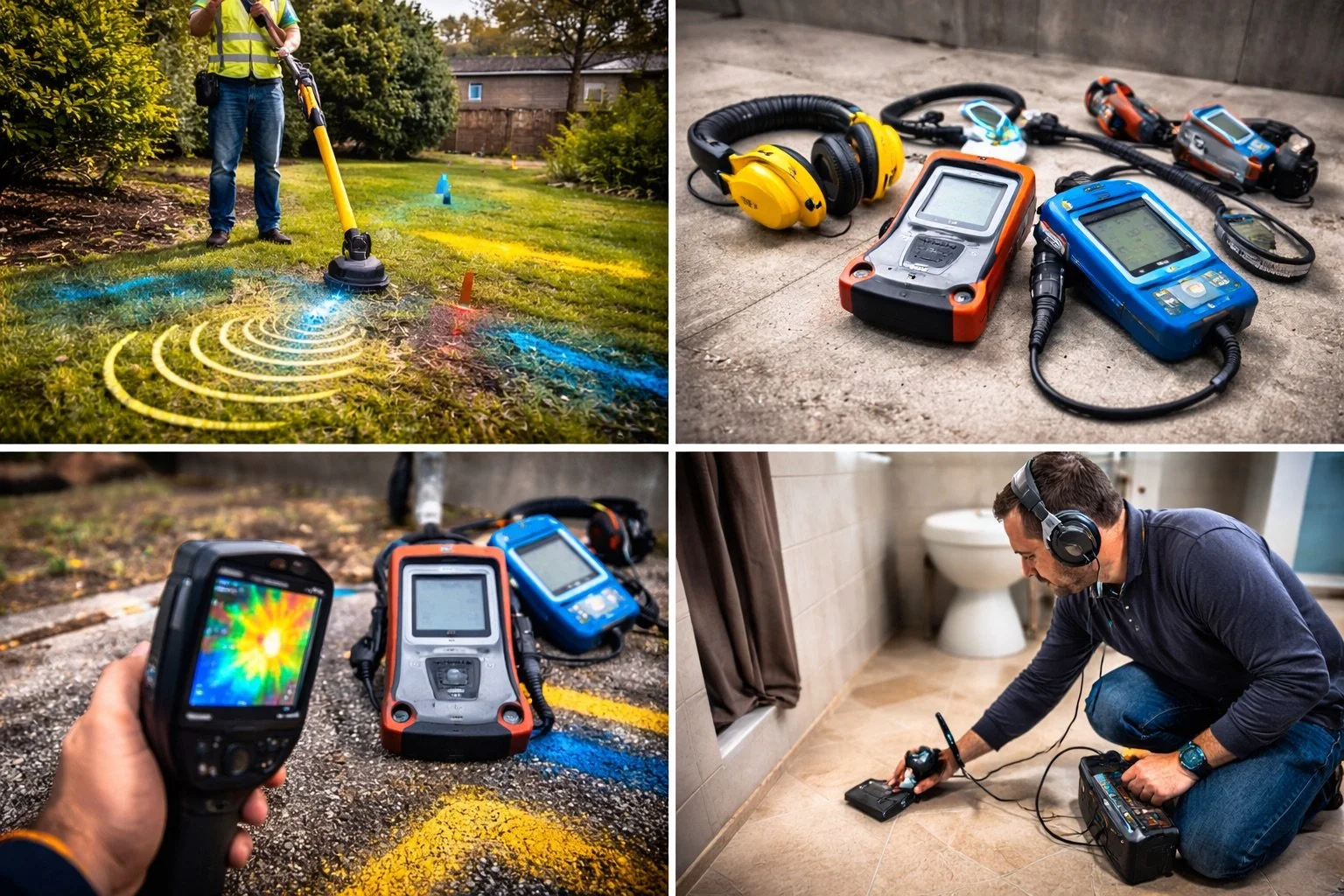Images of various ground-penetrating radar and geophysical survey equipment in outdoor and indoor settings, with a technician operating the devices and analyzing data.