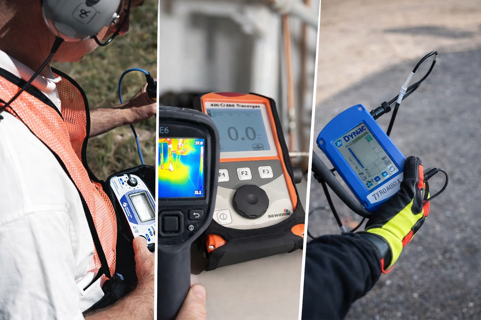 Three separate images showing different surveying and measurement instruments. The first image depicts a person wearing a safety vest and headphones, holding a digital device connected to cables, standing outdoors on grassy terrain. The second image shows an orange and white portable device displaying measurement data, with a thermal imaging camera and a touchscreen device nearby. The third image features a gloved hand holding a blue digital device attached to cables, positioned outdoors on gravel.