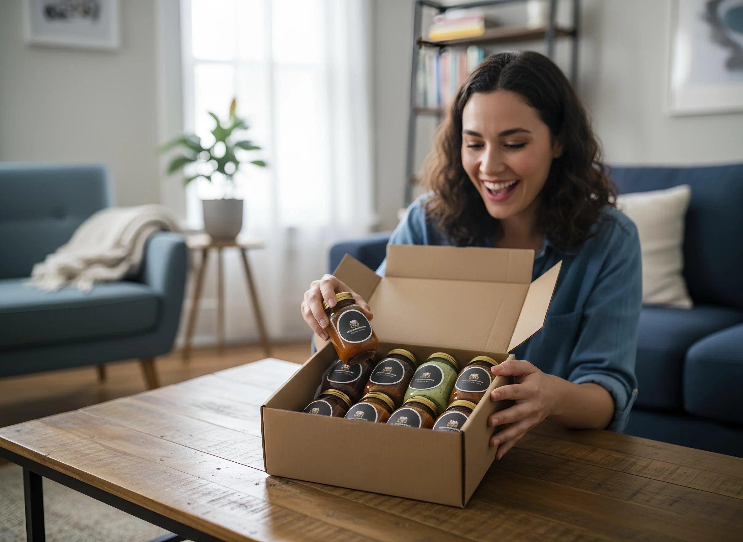 Woman opening a box of various jars with labels, sitting at a wooden table in a cozy living room.