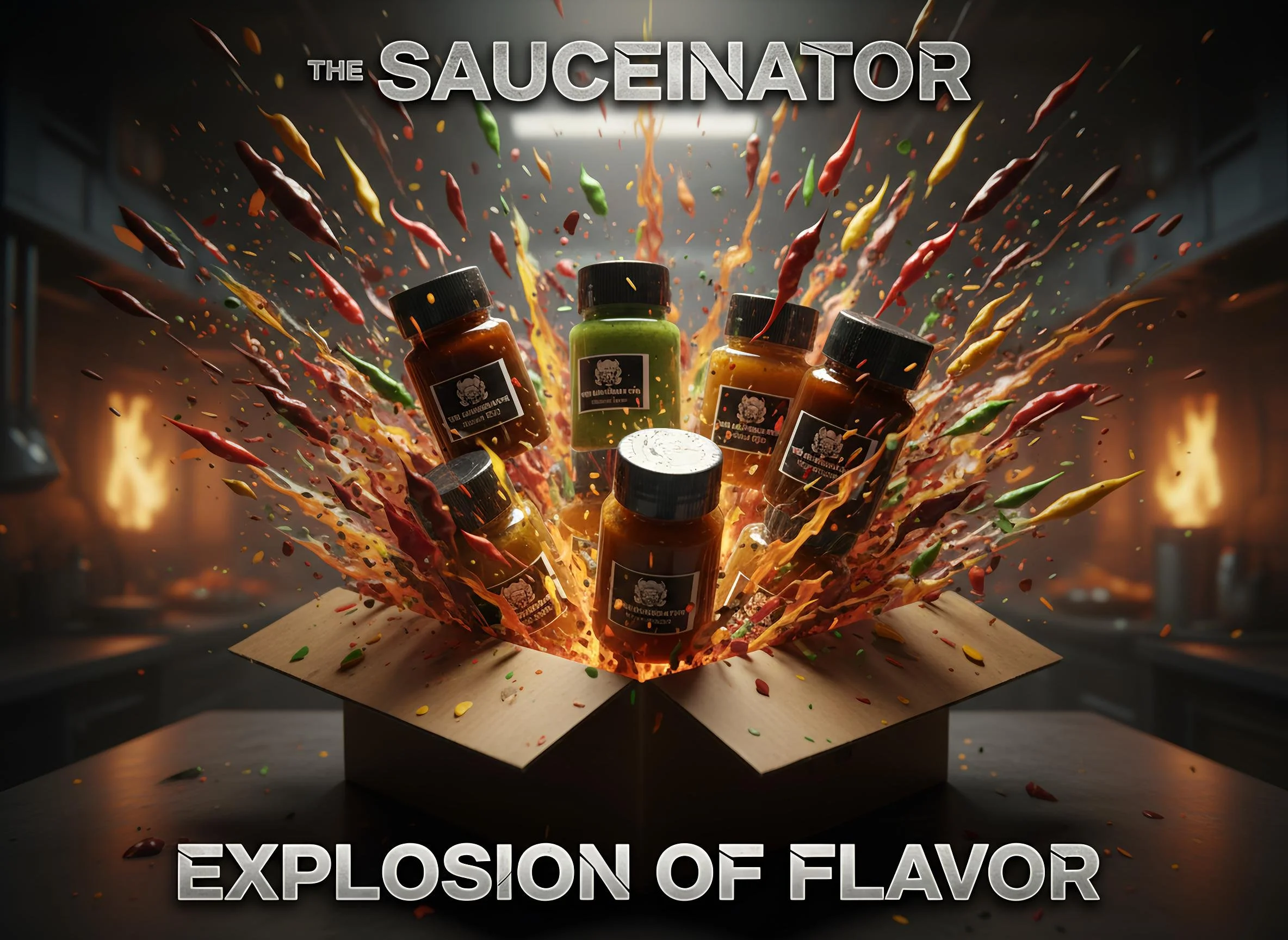 Hot sauce bottles exploding from a cardboard box with splashing chili sauce and peppers, with the text 'The Sauceinator: Explosion of Flavor' at the top and bottom.