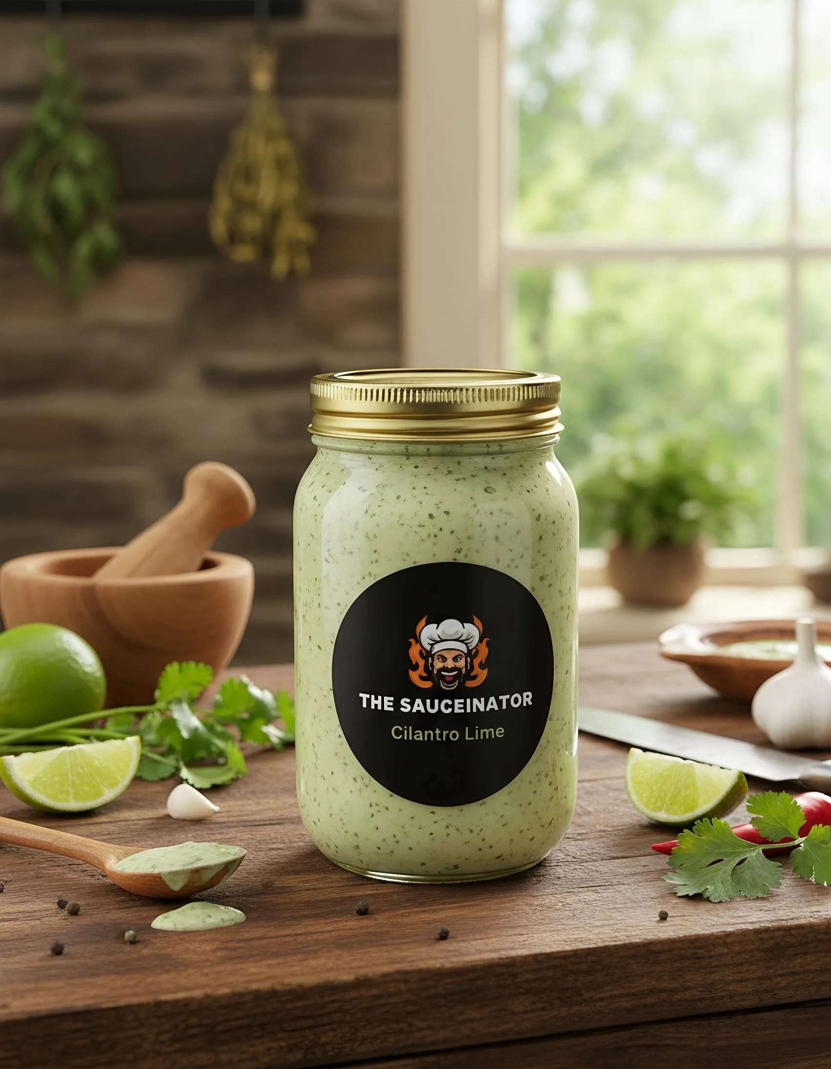 A jar of cilantro lime sauce on a wooden table, with lime wedges, garlic, cilantro, and peppercorns around it, in a kitchen setting.